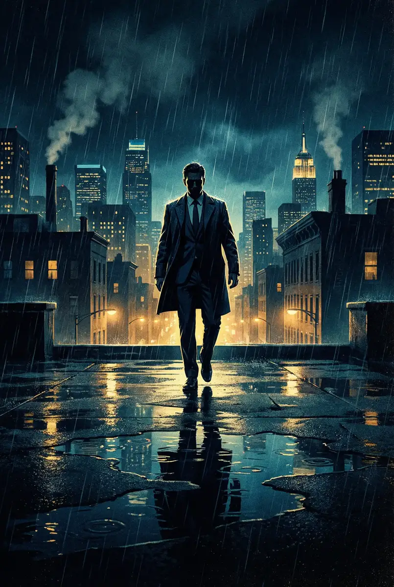 韩国美女裸体 出品影片《雨夜独行者》海报，雨中城市屋顶男性剪影